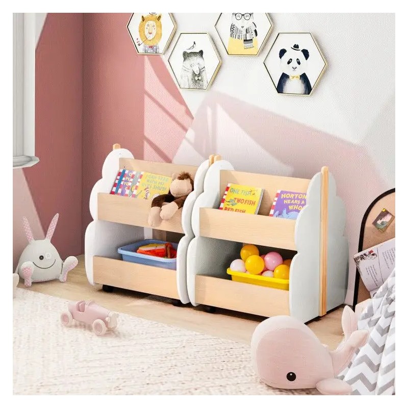 Kids White Gray Wooden Bookshelf With Universal Wheels For ChildrenColor: