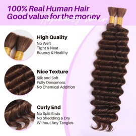 Human Braiding Hair for Boho Braids, Deep Wave Bulk Boho Braids Human Hair for Boho Knotless Braids Curly Bohemian Water Wave Braiding 70g 16 Inch Chocolate Brown (2 No Weft Bundles/Pack)