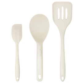 JS Gourmet 3 Pcs Silicone Kitchen Utensils Set, Heat Resistant, Non Scratch Cooking Spoon Set, Spatula, Slotted Turner and Rice Paddle for Nonstick Cookware - Cream