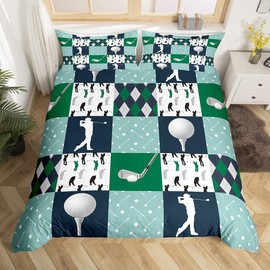 Golf Duvet Cover Set Full Size Geometric Patchwork Plaid Comforter Cover Modern Ball Sports Gaming Bedding Set 3pcs for Men Adults Teens Room Decor Green White Quilt Cover with 2 Pillowcases