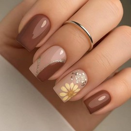 24Pcs Fall Press on Nails Short Square Fake Nails with Design Yellow Daisy Glue on Nails Brown False Nail Striped Glitter Acrylic Nail