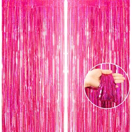 2pcs 3.2 x 8.3ft Glitter Rose Tinsel Foil Fringe Curtain Door Tinsel Curtain Streamers Party Curtain Photo Banner Decorations for Birthday School Graduation Hen Christmas Party Decorations Rose