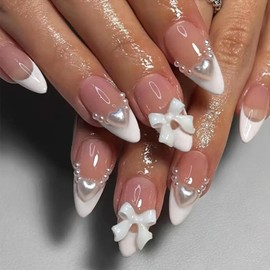 24Pcs White French Tip Press on Nails Medium Almond Fake Nails Cute Bow with Heart Charms with Pearls Glitter Designs Full Cover Glue on Nails Nude Pink False Nails for Women Girls Acrylic Nails DIY