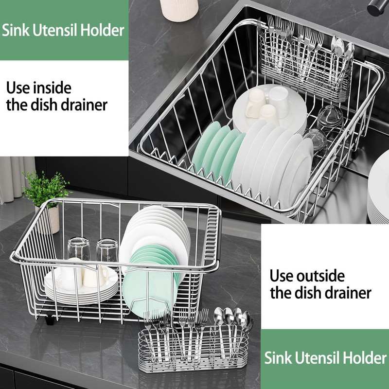 304 Stainless Steel Utensil Holder, Silverware Drying Rack with Hooks