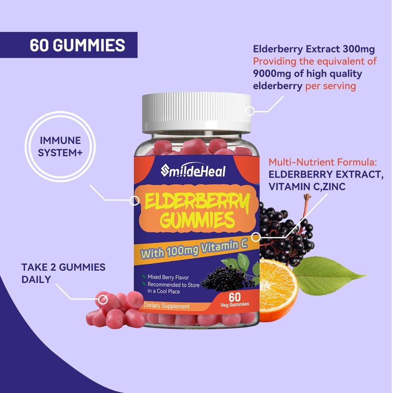 SmildeHeal Elderberry Gummies, Elderberry Extract 300mg, with Vitamin C and