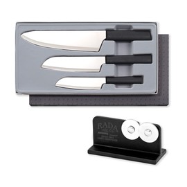 RADA Cutlery 3-Piece Chef Select Knife Gift Set (G257) with Quick Edge Sharpener (R119), Stainless Steel Hollow Ground Blades, Made in USA, Black Handles
