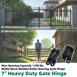 7" Heavy Duty Gate Hinge, Matte Black Fence Banister Hinges Mount Bolt Welded Roller Bearing Gate Heavy Hinges, Iron Hinge Max Bearing Capacity 1100 lbs, for Metal or Wood Garden Gate, Farm Fence