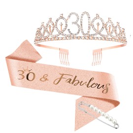 Forhandy 30th Birthday Crown Girl, 30th Birthday Gifts Rose Gold Birthday Crown Sash and Rhinestone Tiara, Birthday Decoration Gift Women Girls Party Accessories