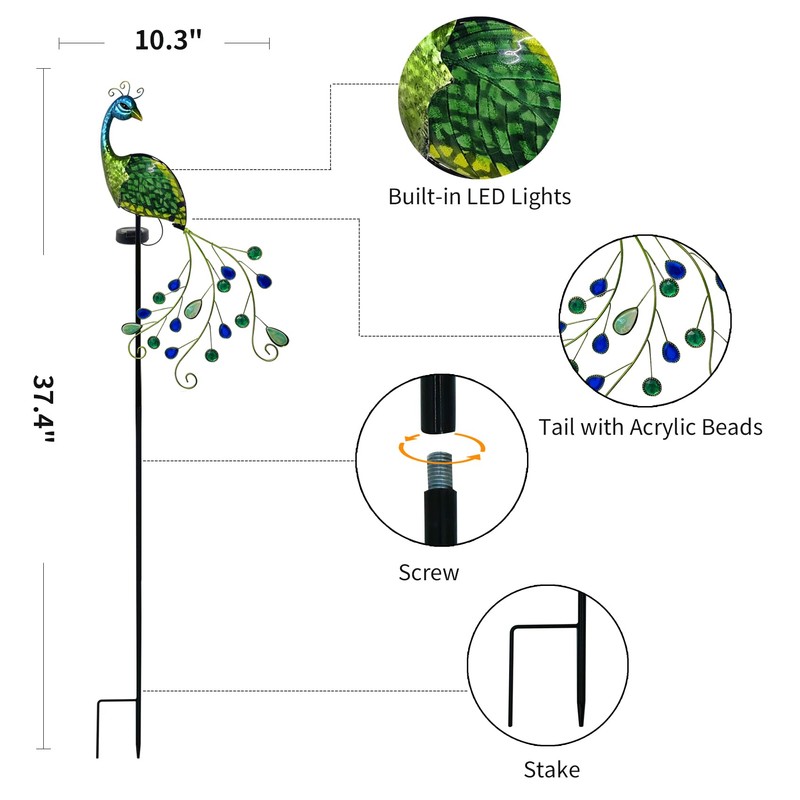 TEYIGARDEN Peacock Solar Garden Lights, Metal Stake with Glass Accents