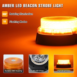 I LITTON Amber Beacon Strobe Light, 16 Modes, 48-LED Magnetic Flashing Emergency Warning Strobe Light, 12/24V Caution Light 360 Rotating Car Roof Beacon Light for Forklift Snow Plow Truck Golf Cart