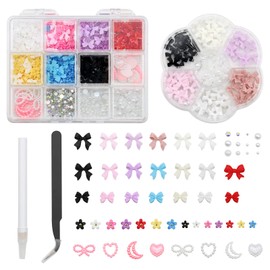 3D Nail Charms, VEGCOO 2 Boxes Nail Stuff Nail Gems Rhinestones Pearls Charms with Pickup Tool, Assorted Colour Bows Heart Star Moon Nail Art Charms for Women Girls Nail Art DIY Accessories