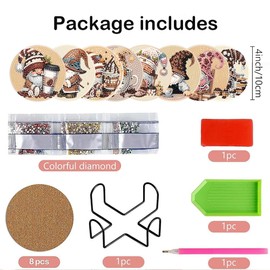 8 Pcs 5D Diamond Art Coasters Kits with Holder, Gnome Coffee Diamonds Painting Coasters Set for Adults, Small Mini Diamond Dots Kit for Beginners DIY Art Craft Home Decor