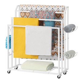 Freestanding Towel Racks for Bathroom Towel Drying Rack with Wheels Metal Standing Towel Holder 4 Tier Blanket Stand with Storage Shelf Floor Towel Rack with Hooks for Bedroom Dorm Pool (White)