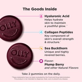 OLLY Glowing Skin Gummy, Hydrated & Youthful Skin,* Hyaluronic Acid, Collagen Peptides, Sea Buckthorn, Plump Berry Flavor, 25 Day Supply - 50 Count