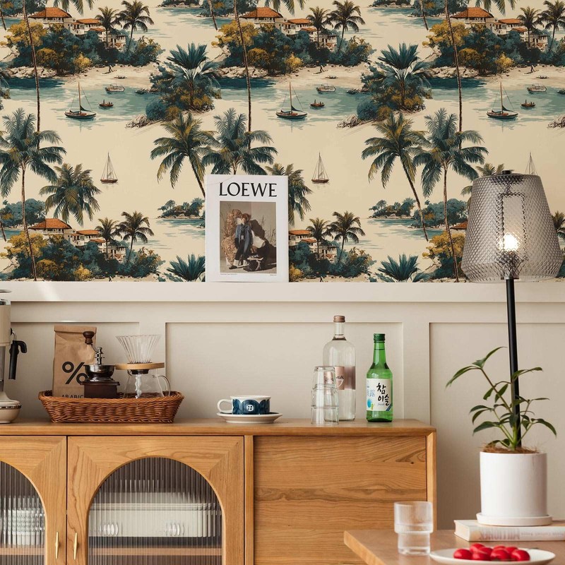 Tropical Coastal Peel and Stick Wallpaper, Palm Tree and Island