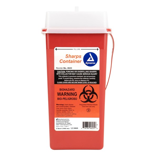Dynarex Sharps Container, Provides a Safe Disposal of Medical Waste and Needles, Non-Sterile & Latex-Free, 2 Quarts, Made with Thermoplastic, Red with a Transparent Lid, 1 Sharps Container