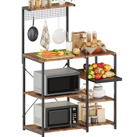 Zenira 7 Tiers Kitchen Bakers Rack with Storage Shelves, 36 Inch Microwave Stand, Coffee Bar Cart Station with 3 S Hooks, Kitchen Shelves for Pantry, Spices, Pots, Utensils, Rustic Brown