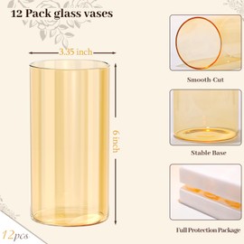 TBWIND 12pcs Glass Gold Amber Cylinder Vases for Centerpieces, 6 Inch Champagne Flower Vases for Wedding Decorations, Indoor Home Decor, Hurricane Candle Holder for Table Shelf, Party