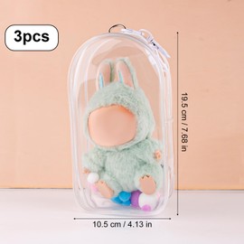 Tinoaly 3pcs Display Bag for Dolls, 7.68x4.13 Inch PVC Waterproof Clear Figure Display Bag with Pompoms & Keychain Carrying Protective Case Charm for Dolls Collectibles (Transparent)