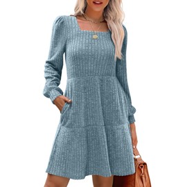 SAMPEEL Dresses for Women Soft Square Neck Teacher Fall Dress Plus Size Blue 2XL