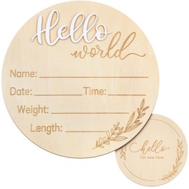 ZIEYOMI-Baby Announcement Sign, Hello World Newborn Sign, Wooden Baby Name Sign for Nursery, Birth Announcement Sign for Hospital, Welcome Baby Sign Announcement Board for Photo Prop Baby Shower-White