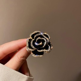 Elegant Camellia Flower Pearl Enamel Brooch Pin for Women - Fashion Jewelry Accessory (Black)