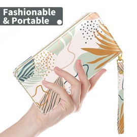 Nipichsha Womens Wallet, RFID Wristlet Wallet for Women, Cute Ladies Purse, Large Credit Card Clutch Wallets, Leather Card Holder Wallets with Zipper & Phone Holder, Boho Leaves