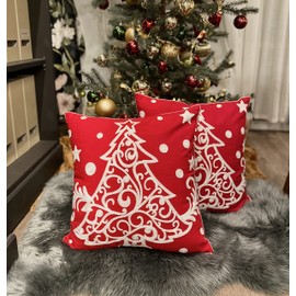 Awebest Christmas Tree Throw Pillow Covers 18x18 Red Holiday Decor Pillowcases Embroidered Cushion for Farmhouse Sofa Office Bed Room Car 2PCS