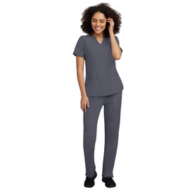 STAT MEDICAL WEAR Scrub Set for Women, Professional V-Neck Top with Comfortable Drawstring Pant with 5 Pockets - 100200, S, Pewter