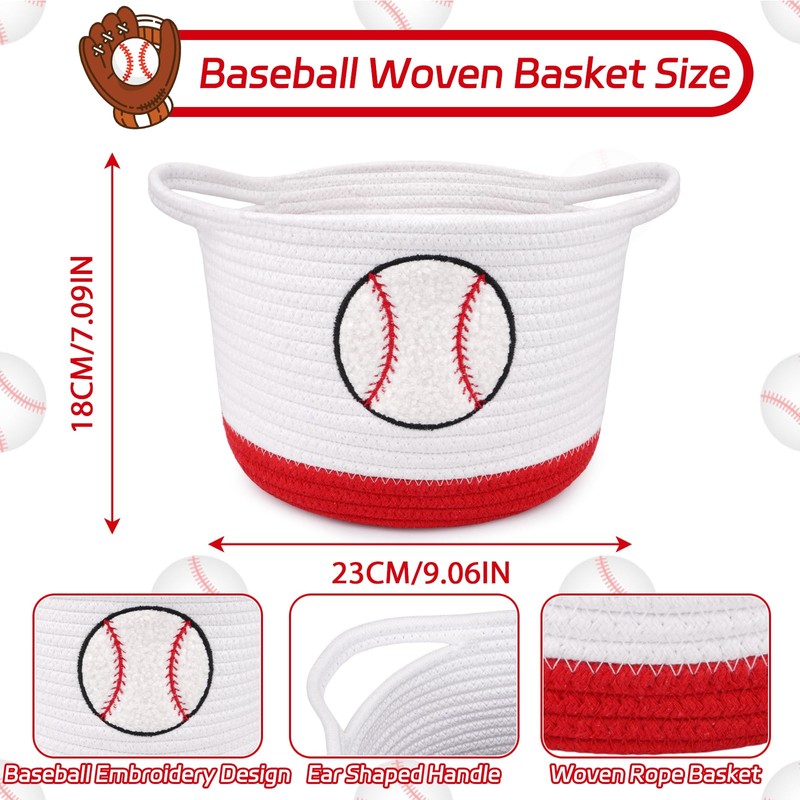 Baseball Woven Basket-Cute Cotton Rope Gift Basket Embroidered Baseball