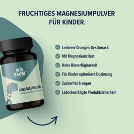 edubily nutrition® Vitasauri Kids Magnesium - Magnesiumcitrat-Pulver für Kinder - Leckerer Orangen-Geschmack - Vegan - Ohne Zucker (65 g)