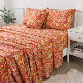 FADFAY Paisley Sheets Set Twin Bohemian Damask Paisley Bedding Luxurious Orange Boho Paisley Bed Sheet Set Breathable Cotton Ultra Soft 17.5'' Deep Pocket Fitted Sheet 4Pcs, Twin Size