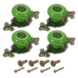PATIKIL Retro Ceramic Cabinet Knobs 1-1/4", 4Pcs Vintage Round Drawer Knobs Dresser Petal Cabinet Pulls Handles with Backplate/Screw/Nut for Kitchen Door Cupboard Wardrobe, Green