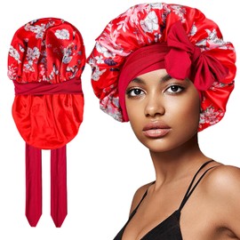 Silk Bonnet for Sleeping Women Satin Hair Cap with Tie Brand Curly Hair Sleep Protection Silk Head Wrap Double Layer - Red