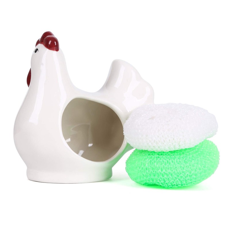 Ceramic Kitchen Scrubby Sponge Holder, White Chicken Collection, Adorable Home