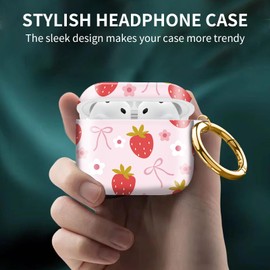 Cute Case Cover Compatible with AirPod 4th Generation 2024, Shockproof for Women & Girls with Cute Golden Round Buckle – Protective, Anti-Drop Design(Strawberry Bow Flower)
