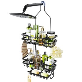 HapiRm Bathroom Hanging Shower Caddy - Rustproof & Waterproof Shower Shelf with 12 Hooks and 2 Soap Holders, No Drilling Bathroom Organizers and Storage - Black