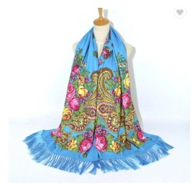 Fashion Winter Ladies Russian Floral Tassel Scarves Shawls Blue Cotton Scarf New