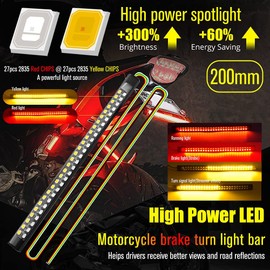 2Pcs 7.8" Motorcycle LED Tail Light Strips 54 LEDs Red Brake Tail Light Stop Tail Lihgt Amber Turn signal Light Multifunction Waterproof Flextible LED Strips for Motorcycle ATV.