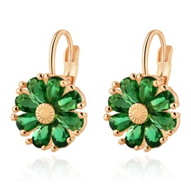 Gold Flower May Birthstone Leverback Earrings Hypoallergenic Emerald Green Earrings for Women Trendy