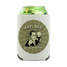 Happy Hour Gentlemen Start Your Livers Funny Humor Can Cooler - Drink Sleeve Hugger Collapsible Insulator - Beverage Insulated Holder