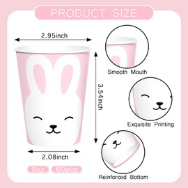 Vanulus 60 Pcs Easter Bunny 9oz Disposable Paper Cups Drinking Tea Disposable Coffee Cups for Pink Rabbit Kids Birthday Baby Showers Spring Tea Party Cocktail Parties