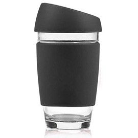 ACEVER Reusable Glass Cup/Travel Mug Tumbler with Food-grade Silicon Cover Lid and Non-slip Sleeve, Dishwasher safe & microwavable - BPA, Lead and Cadmium Free (Black, 16oz)