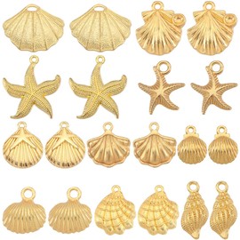 SUNNYCLUE 1 Box 60 Pieces 10 Styles Shell Charms Gold Starfish Charm Bulk Alloy Shell Summer Ocean Life Theme Sea Animals Beach Charms for Jewellery Making Charms Necklace Bracelet Earrings