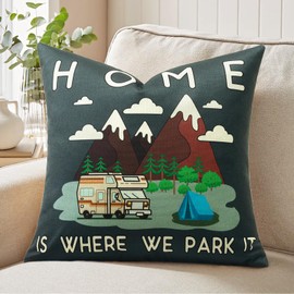 JOTOM Cushion Cover 45x45 cm Motorhome Gadgets Caravan Camping Home is Where We Park it Throw Pillow Cover Campervan Accessories Gift Pillow Case Holiday Couch Bed Sofa Decor (Camping Black)