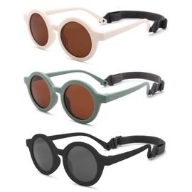 LIU·WEN Cute Round Baby Sunglasses Polarized 3 Pack - Flexible Frame with Strap for Toddler Newborn Infant 0-24 Months(White/Brown+Green/Brown+Black/Grey)
