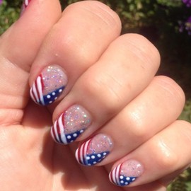 July 4 Press on Nails Short Square Artificial Acrylic Nails Red White Blue Tricolor Stripe Dots Design Full Cover French False Nails Independence Day Fake Nails Glue on Nails for Women