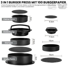 Bugudog 3 in 1 Burger Press,Hamburger Patty Maker Press Kit, Burger Press Non-Stick Stuffed, Hamburger Maker Mold Burgers Kitchen Barbecue Tool Grilling Accessories Give 100 Wax Patty Papers