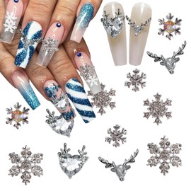 12Pcs Christmas Nail Charms 3D Alloy Snowflake Nail Charms Elk Nail Gems Shiny Design Silver Snowflake Rhinestones Charms for Nails Decorations Winter Nail Jewelry for Women Holiday Nails DIY Supplies