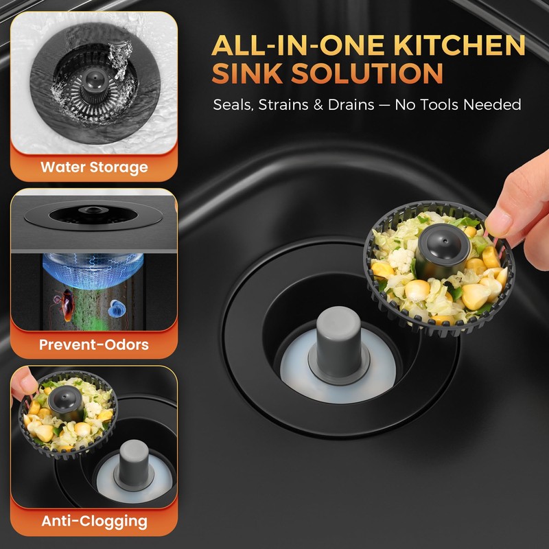 3-in-1 Kitchen Sink Strainer & Stopper, Matte Black Pop Up
